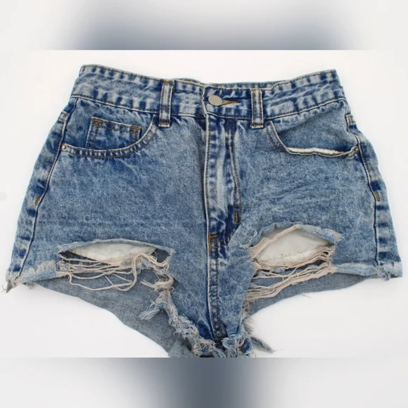 Shein Juniors Blue Stonewash Booty Shorts – XS | Drippy Smiley Face Graphic - Picture 2 of 5